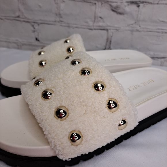 NINE WEST 'FREELY' SHEARLING & STUDDED SLIP ON SANDALS - Picture 6 of 14